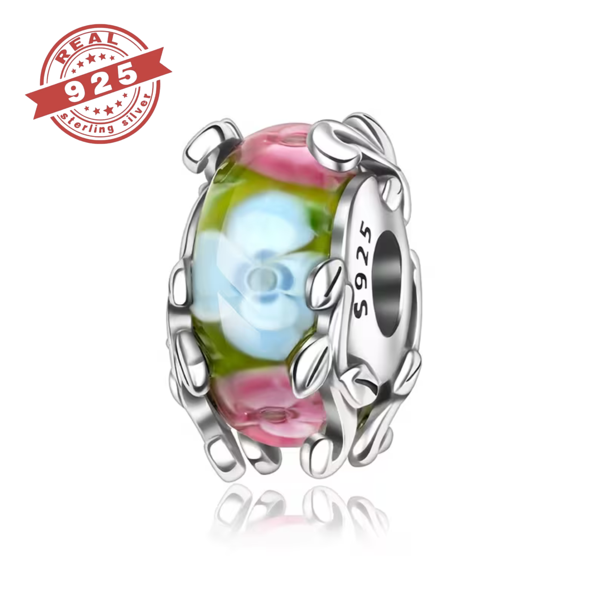 Floral Murano Glass Bead Charm - S925