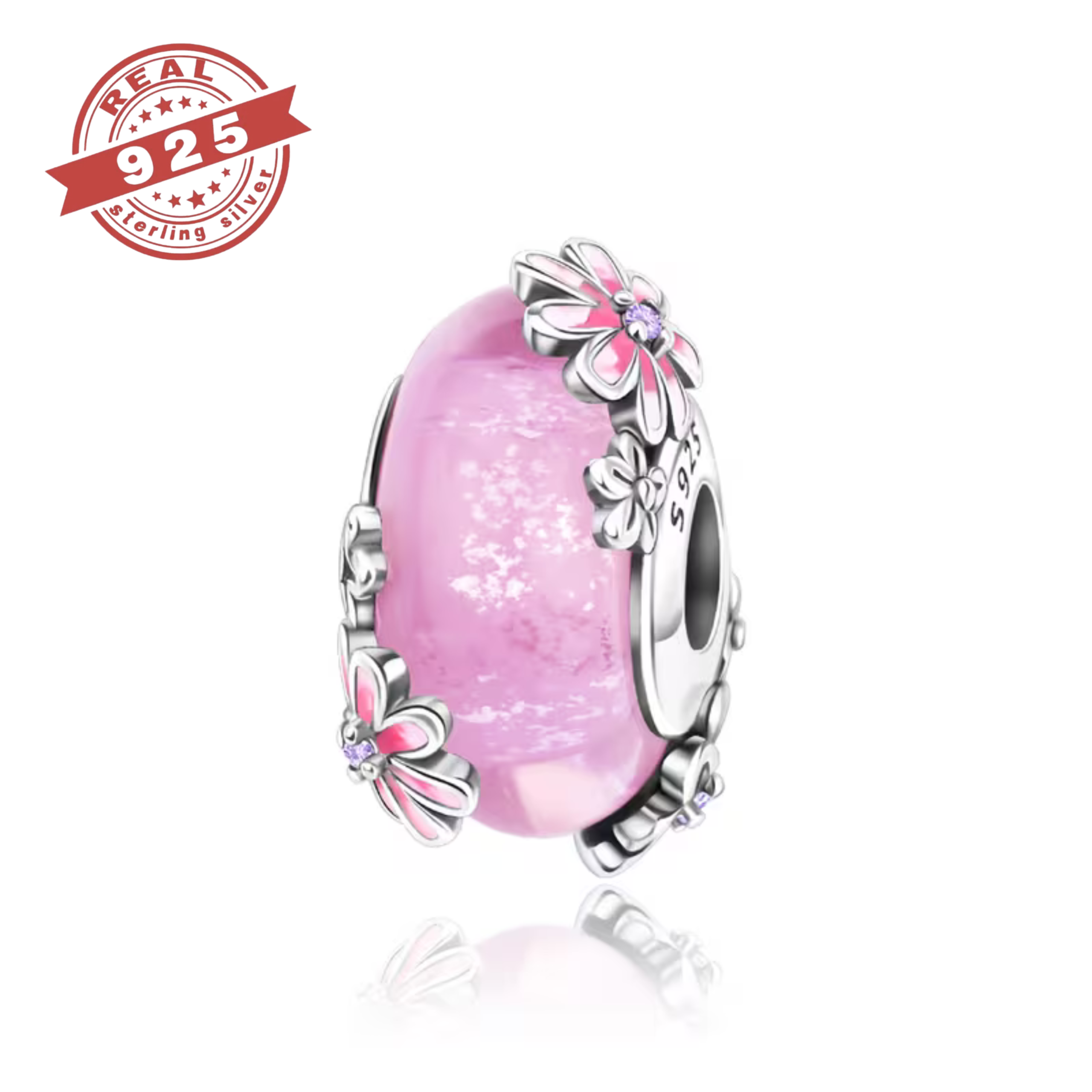 Pink Daisy Murano Glass Bead - S925