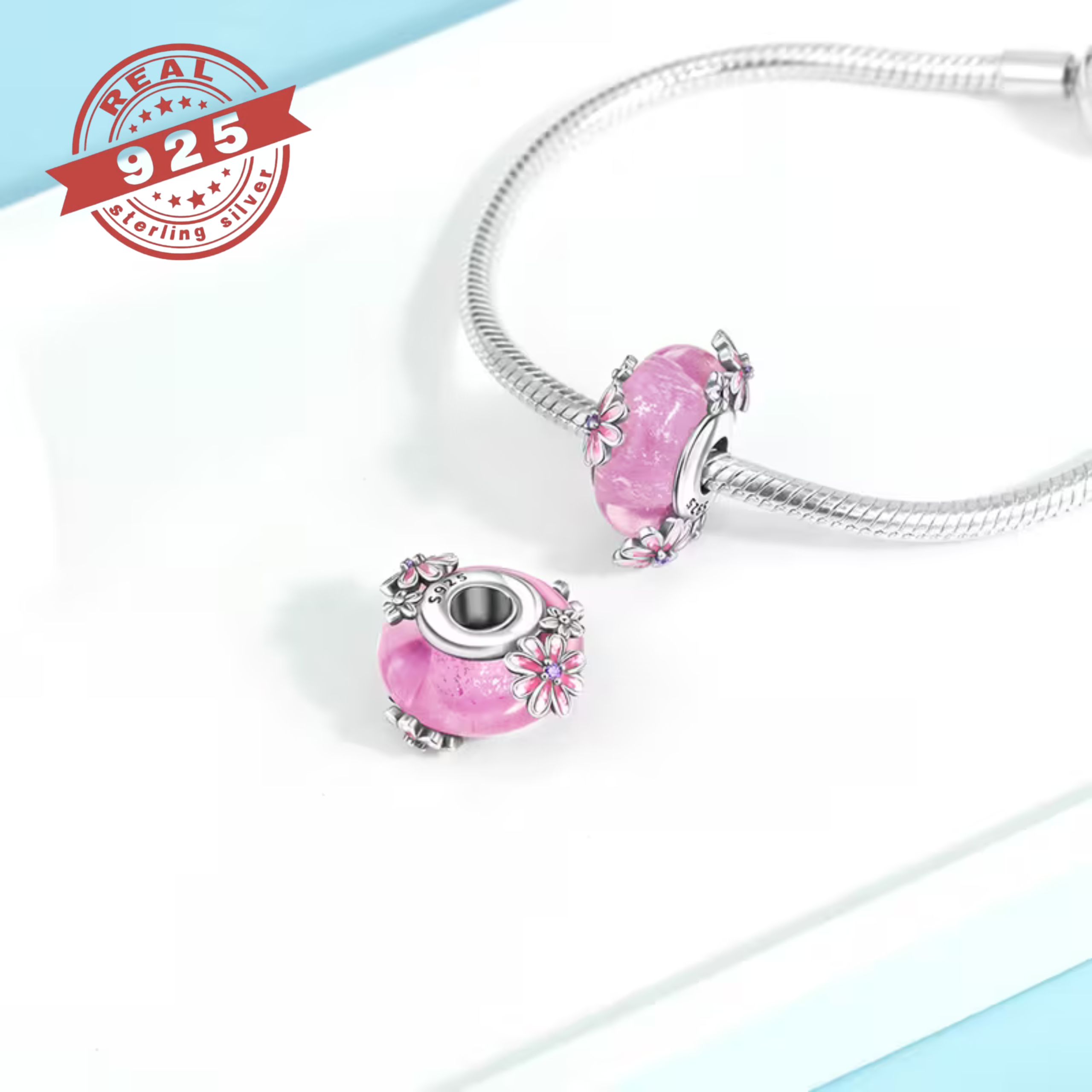Pink Daisy Murano Glass Bead - S925 - Image 2