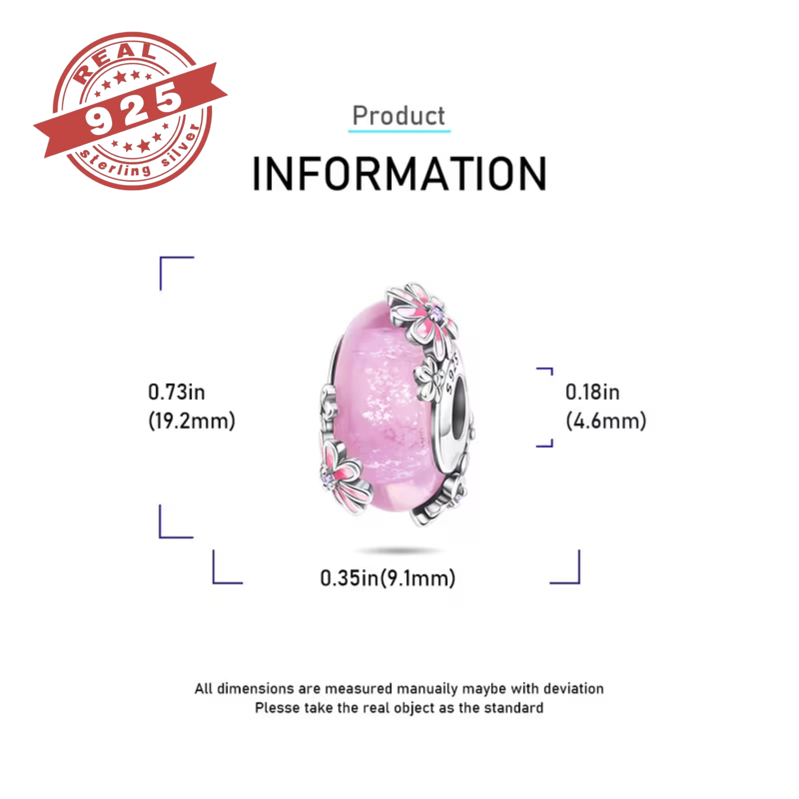 Pink Daisy Murano Glass Bead - S925 - Image 3