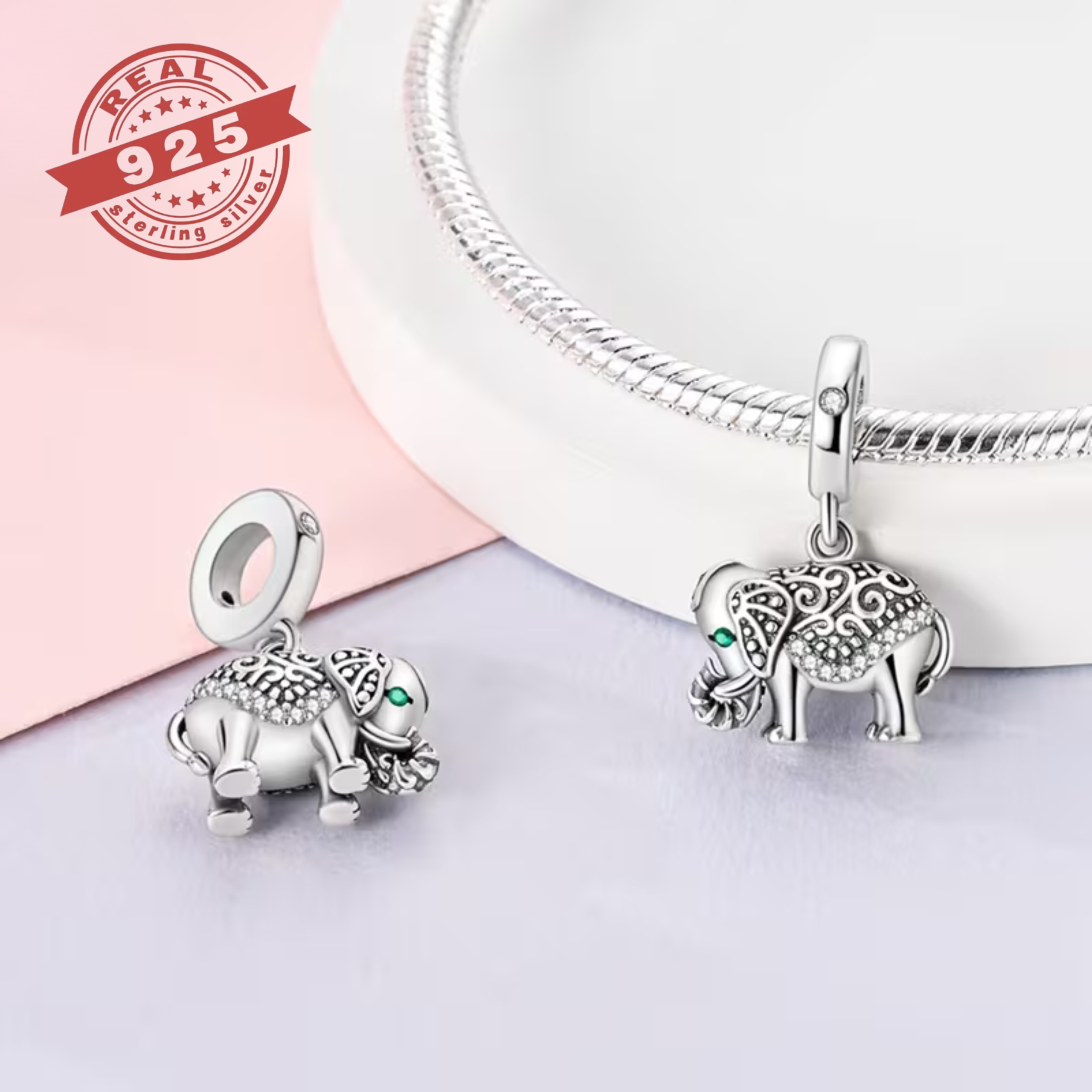 Silver Retro Elephant Charm - S925 - Image 2