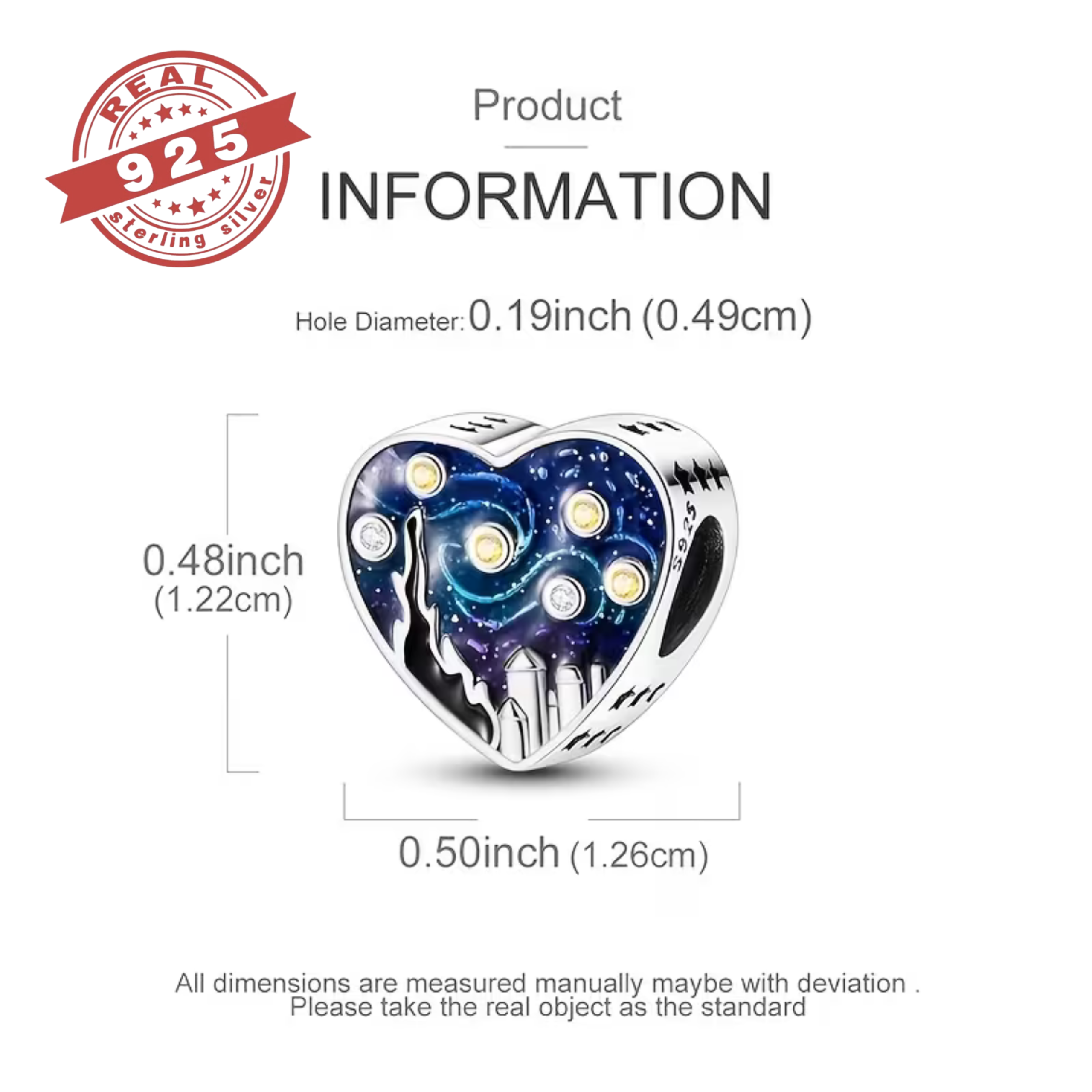 Starry Night Heart Charm - S925 - Image 2