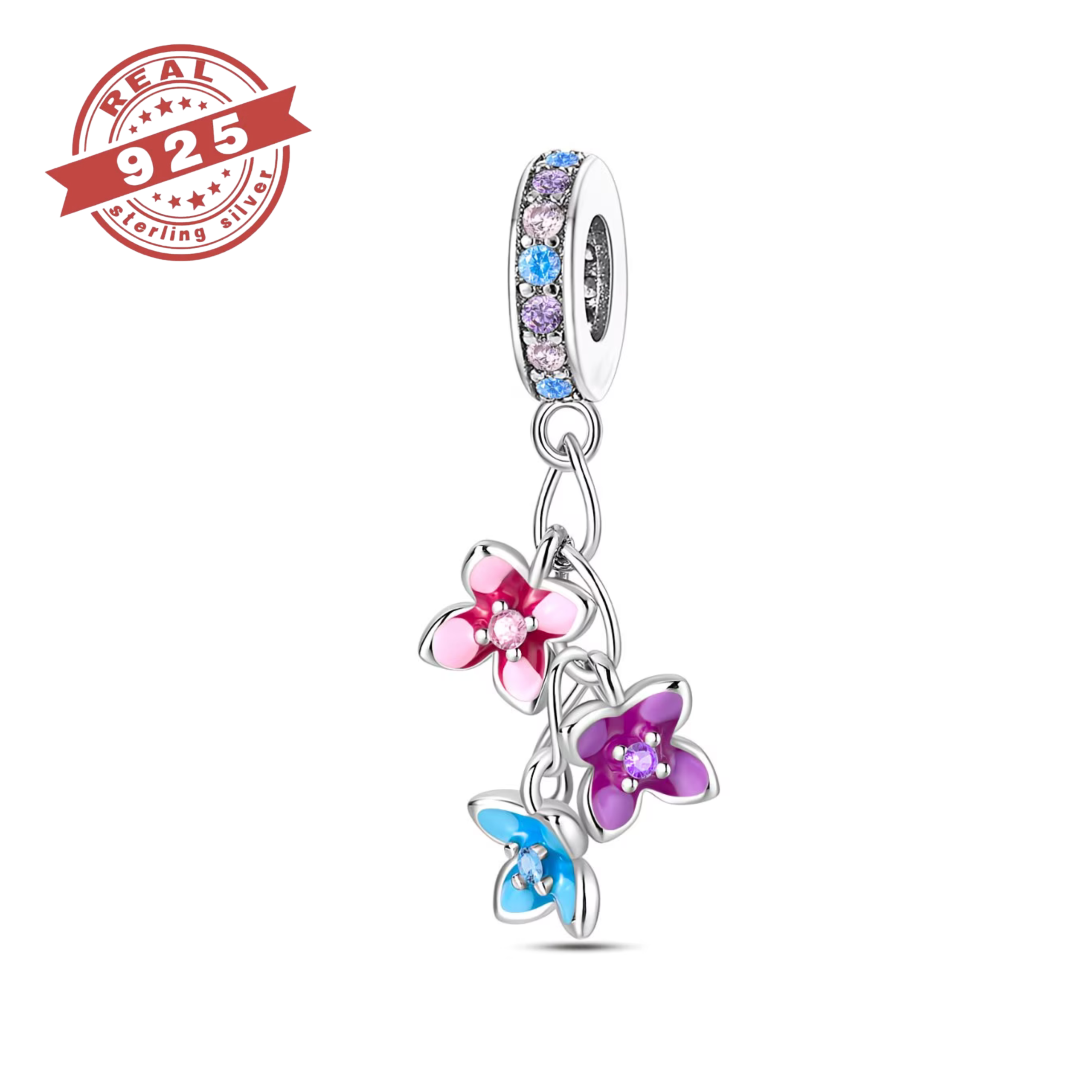 Triple Flower Dangle Charm – S925