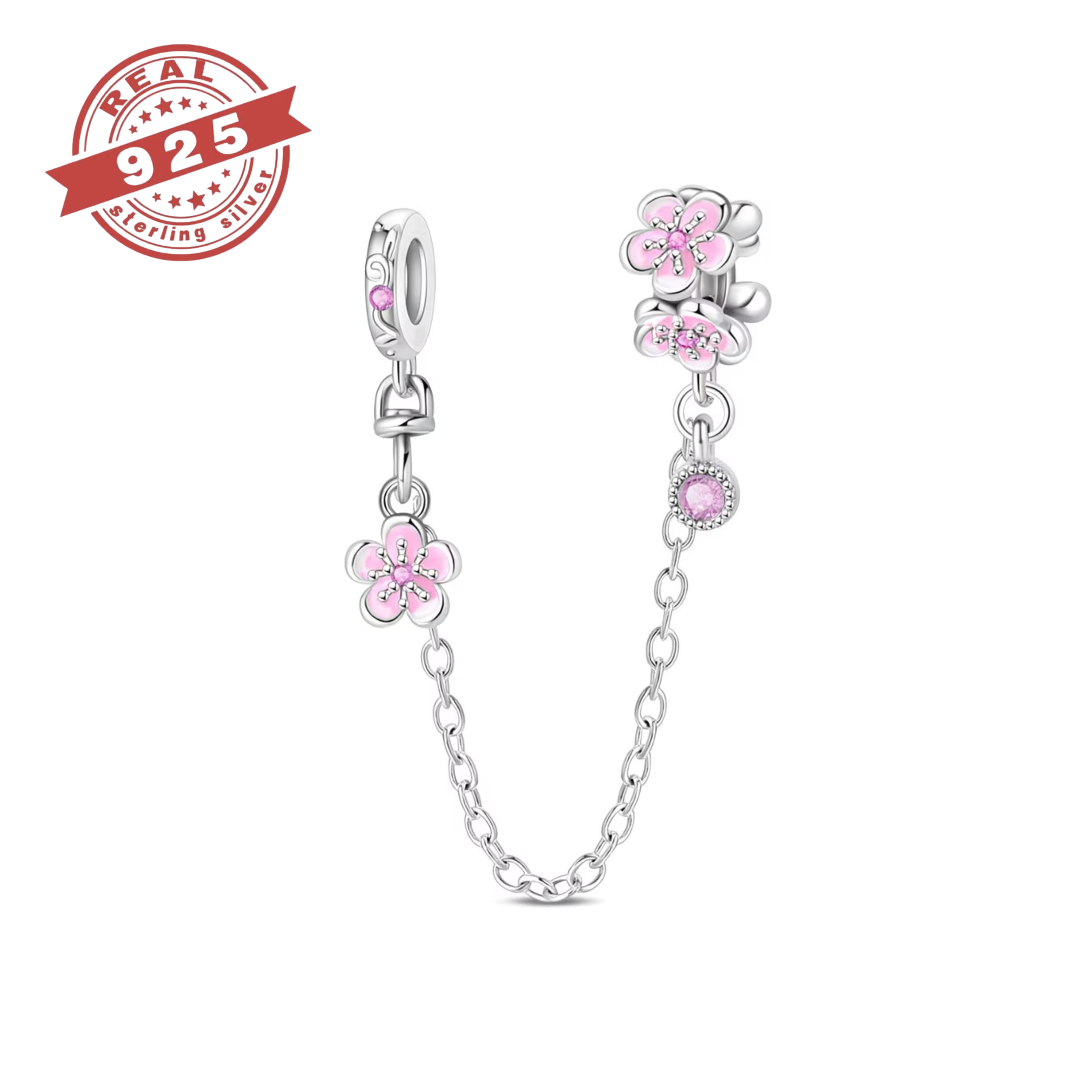Pink Blossom Safety Chain Charm - S925