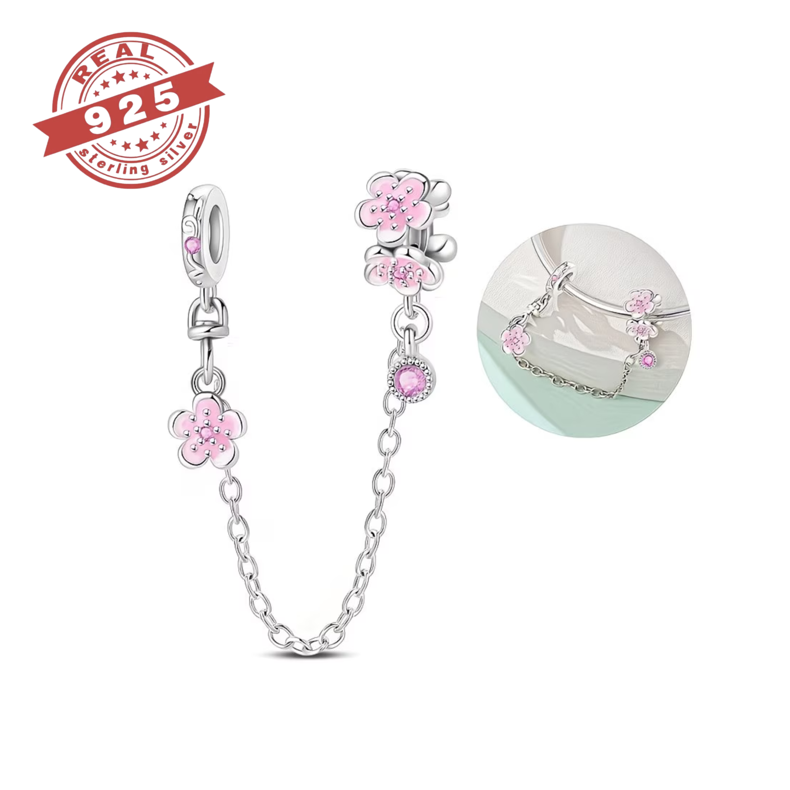 Pink Blossom Safety Chain Charm - S925 - Image 4