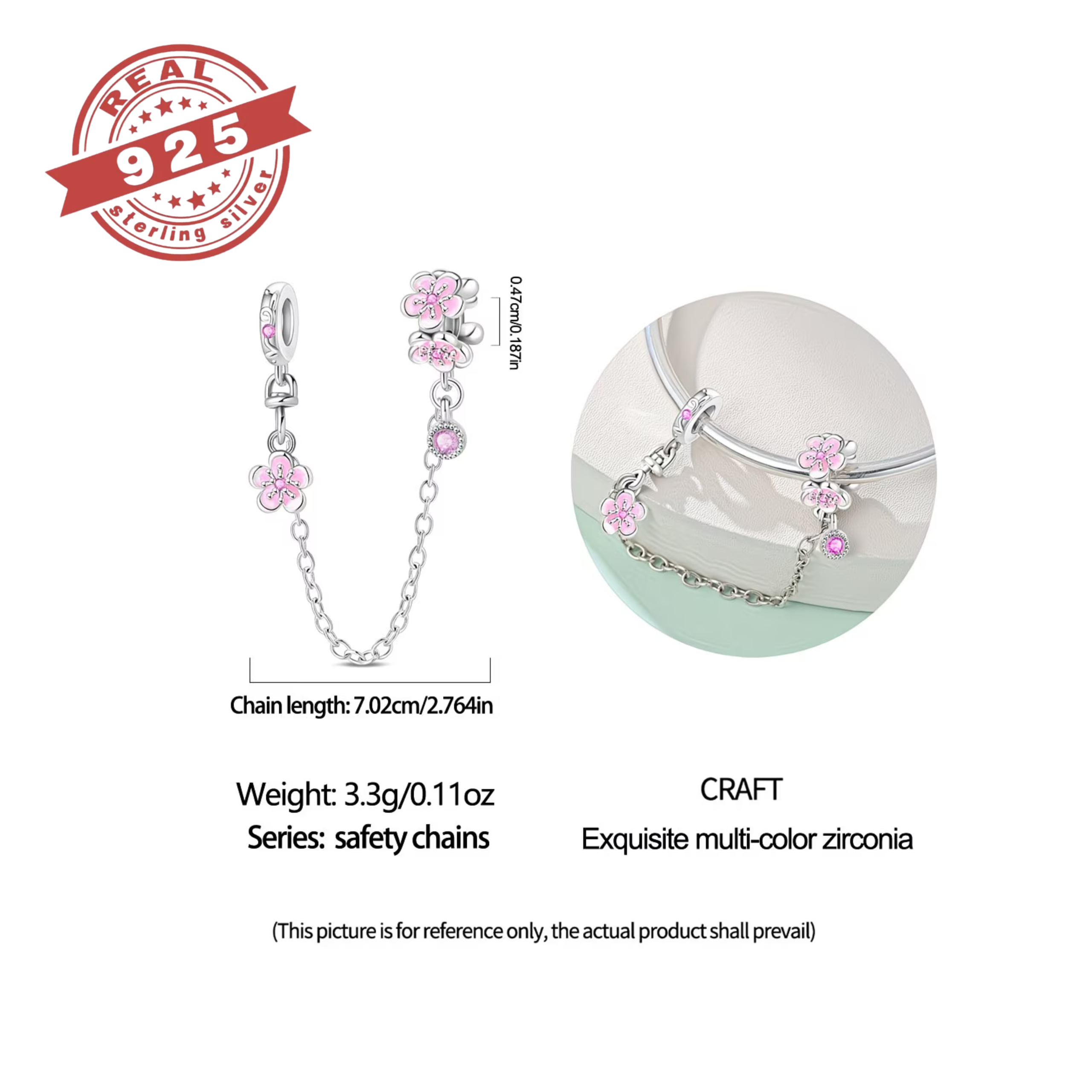 Pink Blossom Safety Chain Charm - S925 - Image 3