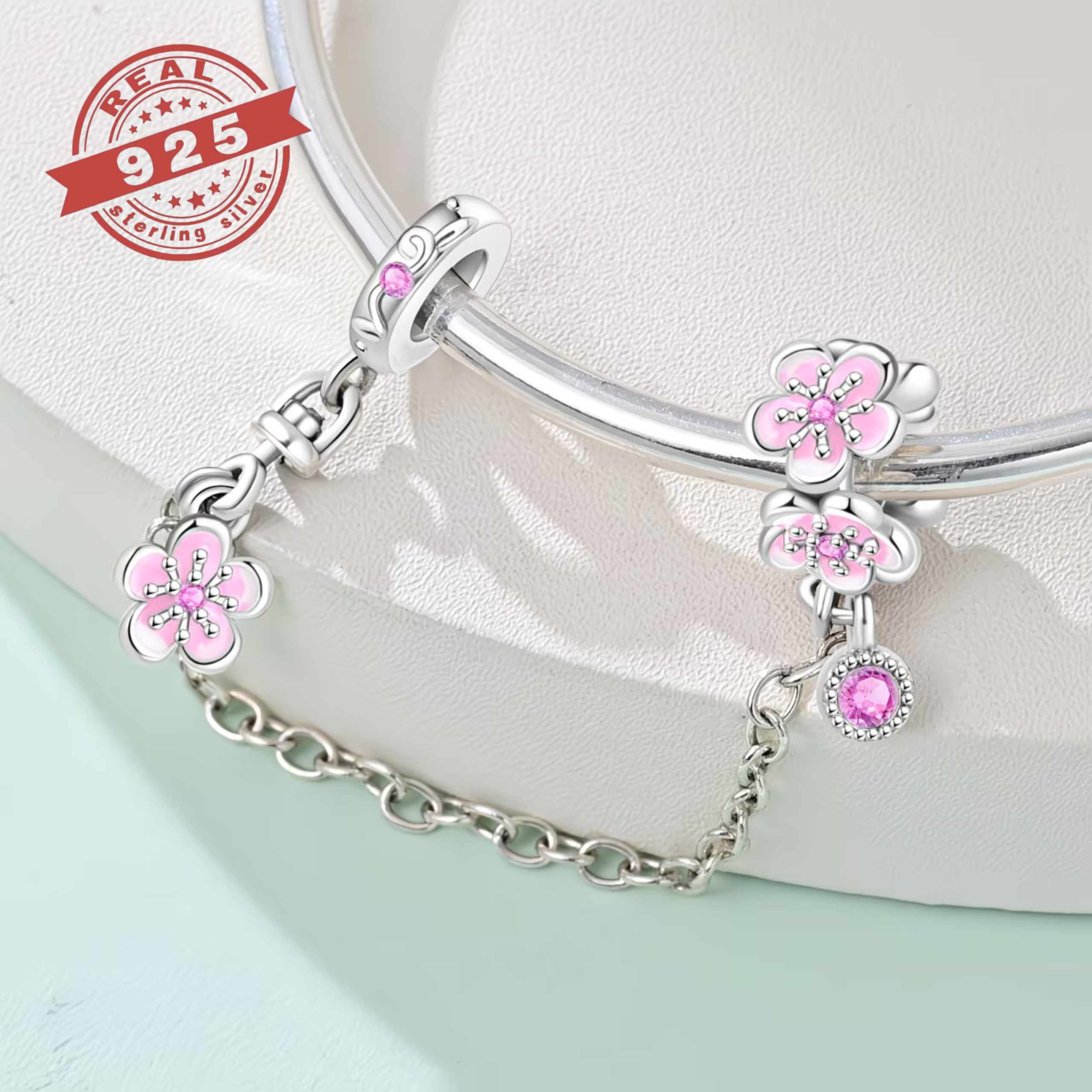 Pink Blossom Safety Chain Charm - S925 - Image 2